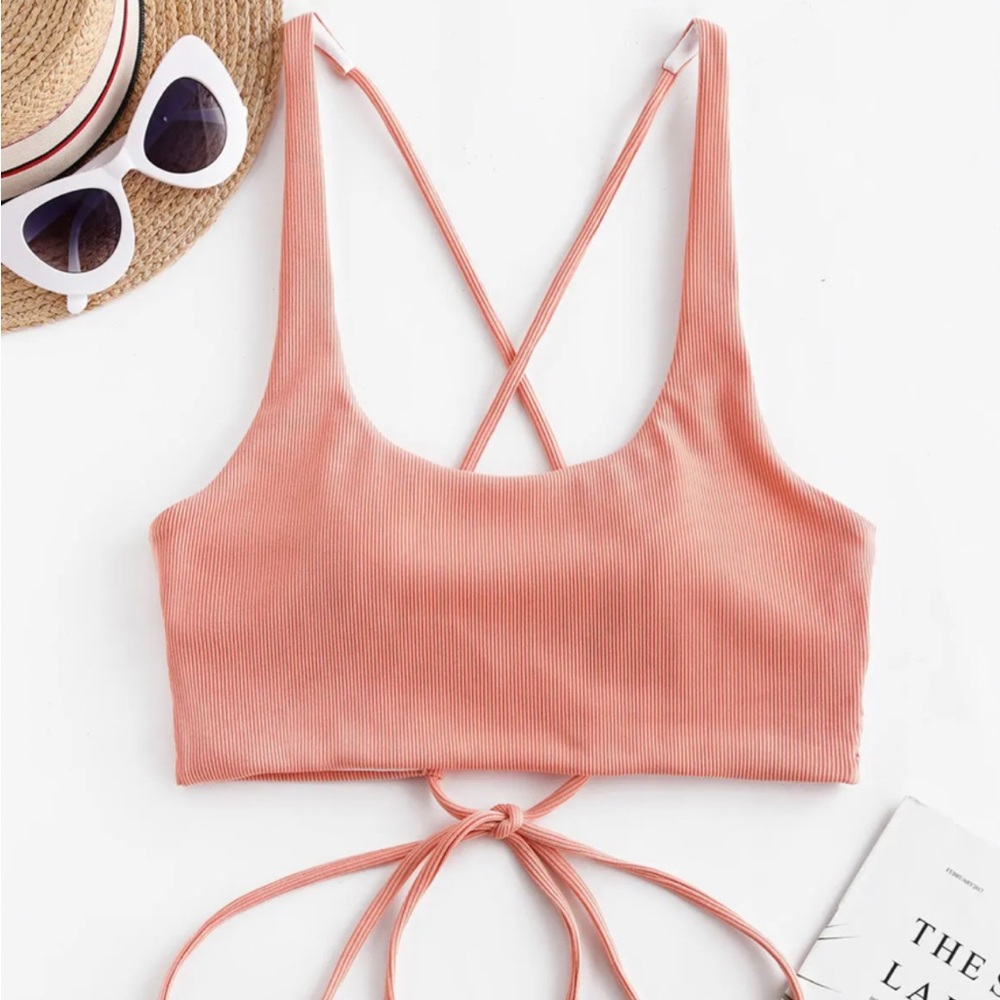 ZAFUL Ribbed Criss Cross Tank Bikini Top - Orange Pink L